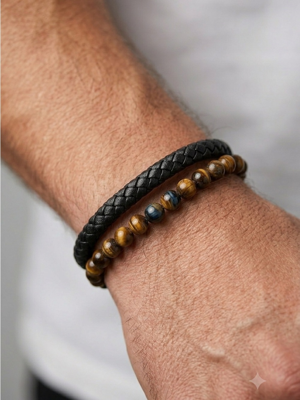 Mens Black Braided Leather & Brown Tiger Eye Bead Bracelet